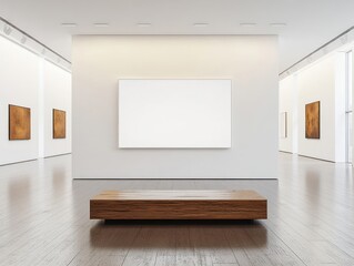 Minimalist Art Gallery Interior with Large Blank Canvas and Wooden Bench