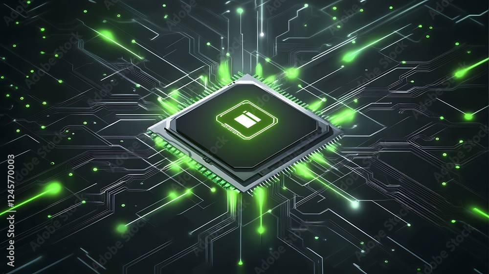 Poster a conceptual technology background with glowing green and silver circuit lines, radiating from a cen