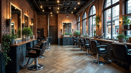A barbershop with lots of chairs and lots of light. The chairs are black and the room is very bright.