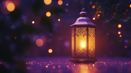 Ornate Ramadan Lantern with Mystical GlowDecorative Lantern with Candle and Bokeh Lights