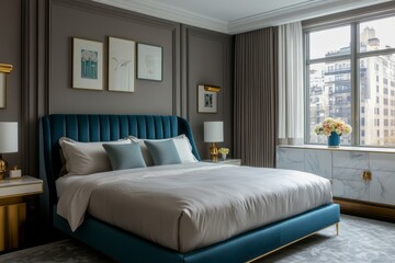 Elegant Teal Velvet Bedroom With City View