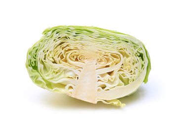 Cross section Cabbage cut close-up texture layers on white studio background.