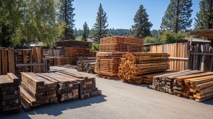 Stacks of lumber in outdoor timber yard