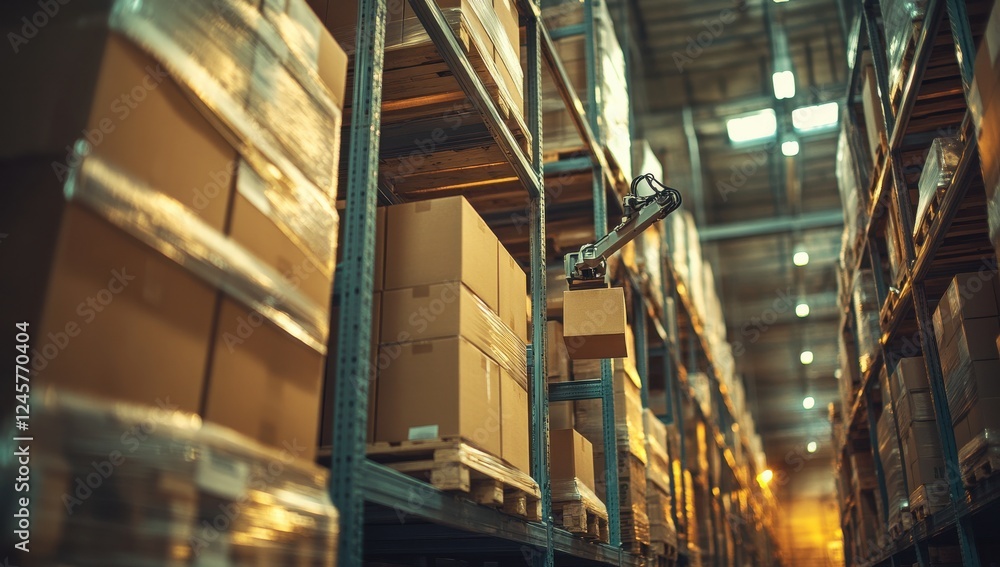 Poster robotic arm handling packages in modern warehouse with rows of shelves stacked with cardboard boxes 