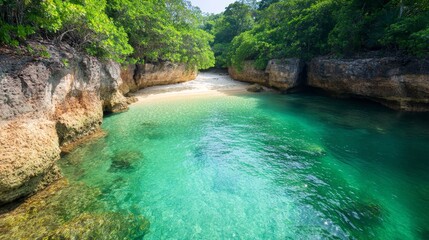 Naklejka premium Crystal Clear Lagoon Surrounded by Lush Cliffs