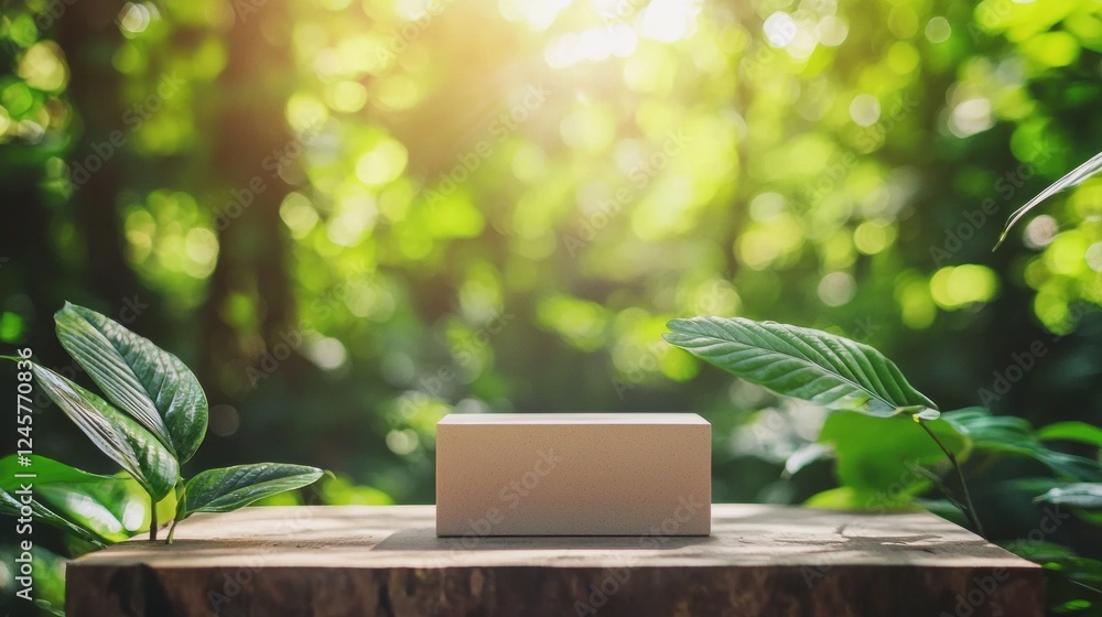 Poster amidst lush greenery, a simple wooden box rests on a rustic log, illuminated by gentle morning sunli