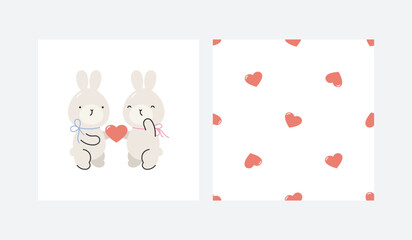 Print with cute rabbits and seamless pattern with hearts. Cartoon flat style. Valentine's day design. Vector illustration. For cards, posters, banners, printing on the pack, clothes, fabric.