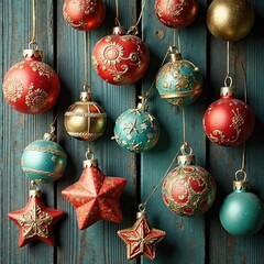 Vintage-inspired ornaments on a rustic wooden wall, texture, vintage