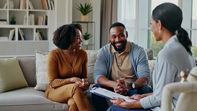 African American couple receiving consultation at home. Smiling African American couple receiving advice from an agent in their modern living room.