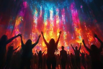 Diverse colleagues celebrating teamwork and success with joyful raised hands in a bright office