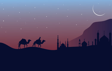 Ramadhan Kareem background vector illustration with camels walking through desert with camel rider at sunset.