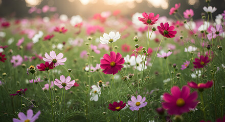 Obraz premium Cosmos Field in Sunlight: A vibrant cosmos field blooms in a picturesque setting, offering a breathtaking display of color and natural beauty. Petals gently dance in the sunlight.