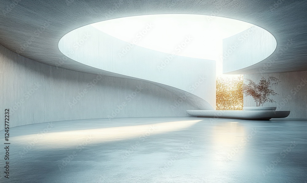 Poster minimalist empty open concrete space with curved walls and natural light