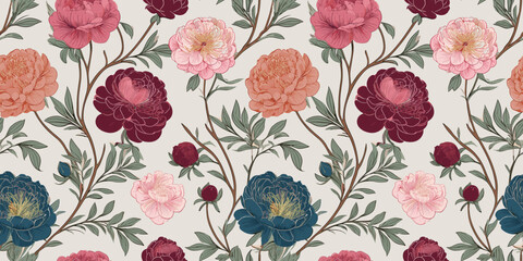 Repeating pattern of stylized flowers and leaves in various shades of pink, red, orange, and blue against a light background.