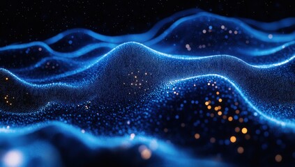 Fototapeta premium Stunning Abstract Representation of Smooth Blue Waves Illuminated by Sparkling Bright Particles in a Dark Background for Modern Digital Art Concepts