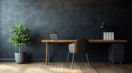 Minimalistic Modern Home Office Interior Design 3D Render with Sleek Wooden Desk and Ergonomic Chair