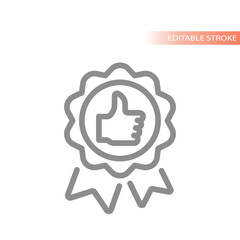 Recommended quality badge line icon. Thumb up award ribbon, product certificate symbol. 