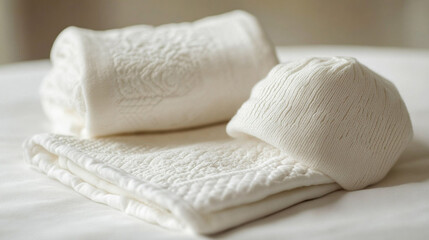 Cozy bedroom setting, fluffy white pillows stacked neatly, soft fabric textures, minimal home interior