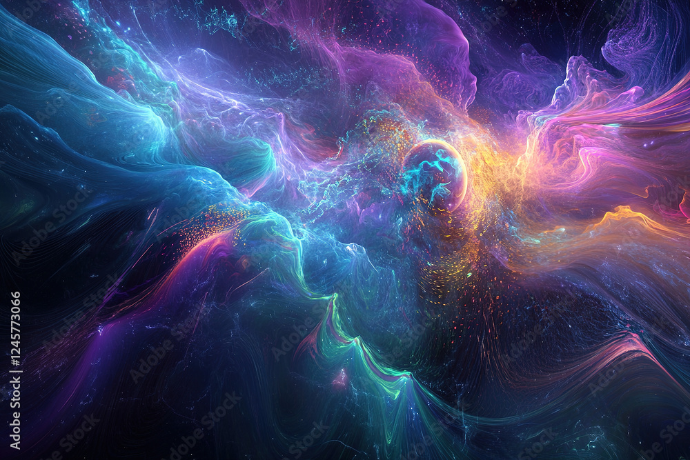 Poster abstract composition showcasing vibrant cosmic patterns and swirling colors in a dynamic arrangement