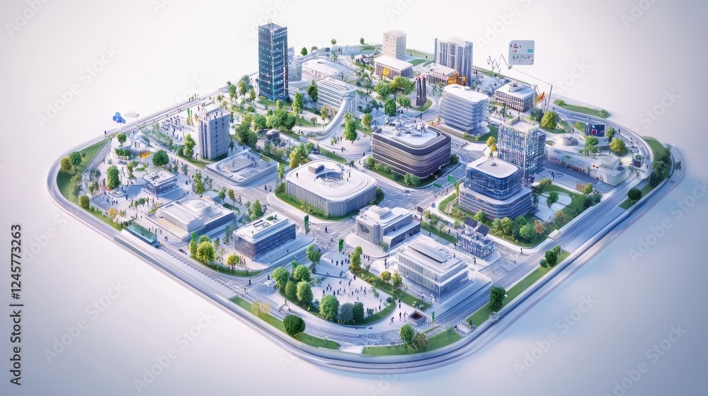 Poster a 3d blueprint of a smart city, with sensors and iot devices illustrated, showing interconnected sys