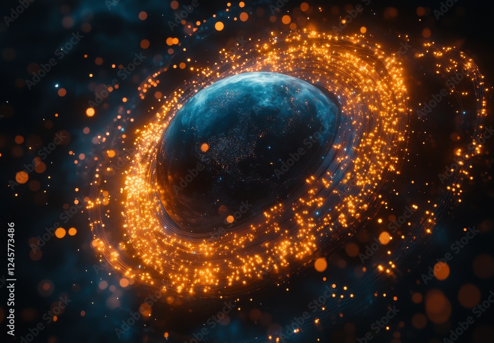 Poster stunning galactic view of a blue planet surrounded by bright orange particles in a dynamic cosmic en