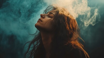 Fototapeta premium Serene Woman in Smoky Atmosphere with Soft Light and Dark Background