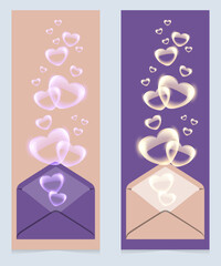 Set of vertical Gift certificate, discount, card with love letter, open envelope and flying heart shaped soap bubbles. Mockup purple and beige template for Valentine's Day Sale, Women's Day, Holidays.