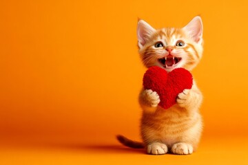 Bombay - my treasured cat. Digital ads conceptual art. Cute bombay baby feline with fluffy red heart - emblem of love, funny greeting card. Romantic furry valentine. Heartwarming animal love.