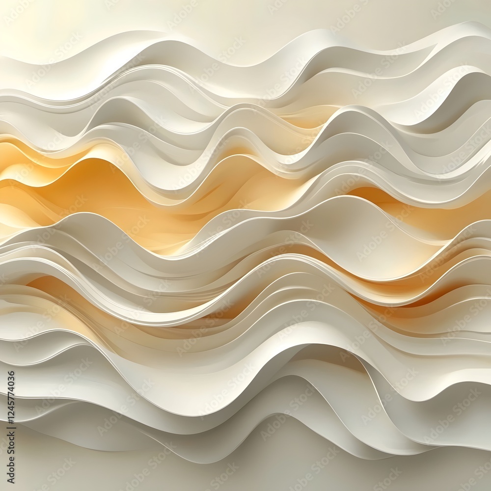 Poster an abstract composition of flowing, wavy white and cream layers creating a soft, serene atmosphere. 