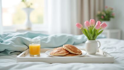 Breakfast tray with pancakes and tulips on cozy bed