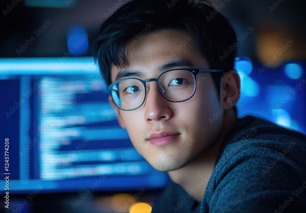 Aufkleber thoughtful young man in glasses, working on computer programming, deep focus on coding concepts, mod