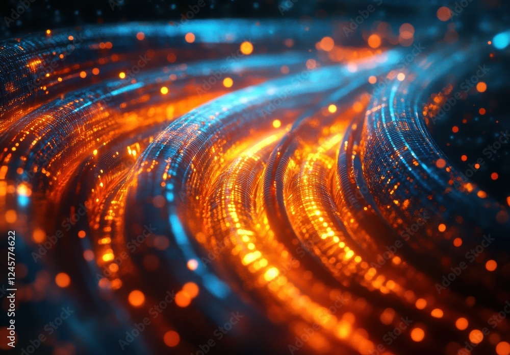 Poster vibrant abstract background with flowing lines and glowing particles in orange and blue tones for te
