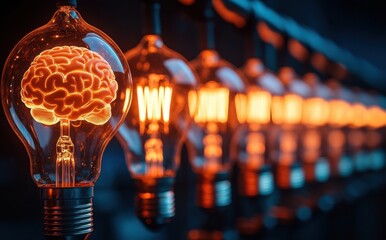 Unique Brain Light Bulb Concept Symbolizing Creativity, Innovation, and Ideas with a Background of Glowing Light Bulbs for Visual Inspiration