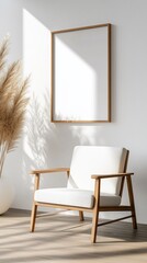 Modern chair, empty frame, sunlight, minimalist room, interior design