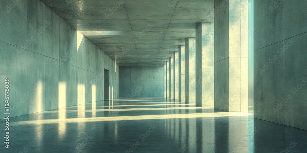 Poster modern empty concrete room with high narrow windows and ocean view in minimalist style