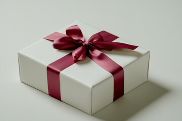 Fototapeta premium Elegant Gift Box with Burgundy Ribbon: A pristine white gift box, elegantly adorned with a burgundy satin ribbon tied in a perfect bow, sits against a subtle off-white background.
