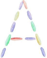 Watercolor embroidered letter  A made of multicolored stitches of thread