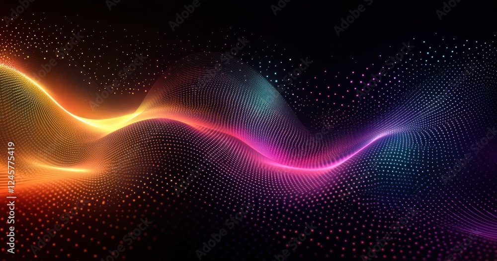 Poster vibrant abstract waves with colorful gradient patterns and dots against a dark background for creati