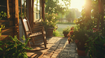 Obraz premium Rustic wooden porch with rocking chair and potted plants overlooking serene countryside. Relaxation concept