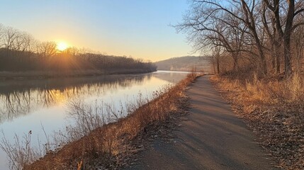 Obraz premium Sunrise River Trail Serenity: A Peaceful Morning Walk