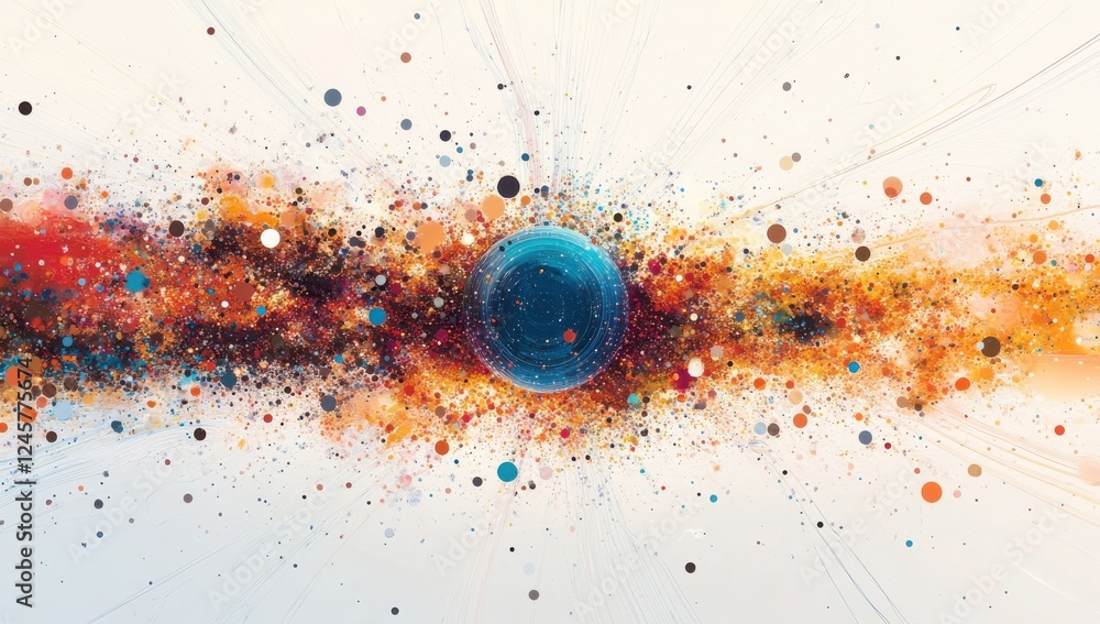 Poster vibrant cosmic explosion of colorful particles and a central sphere symbolizing the universe in abst