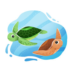 A couple of turtles swimming under the sea