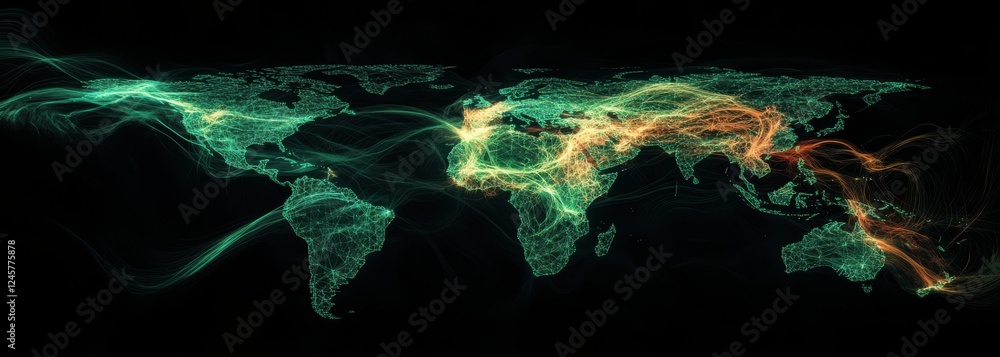 Poster vibrant data flow across global network representing digital connections and communication in a colo