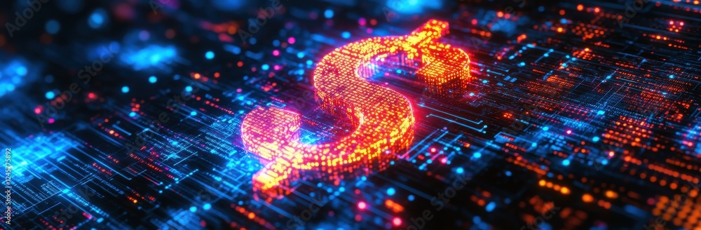 Poster vibrant digital dollar sign surrounded by abstract data patterns illuminated with vivid colors repre