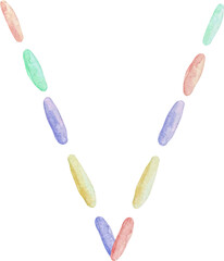 Watercolor embroidered letter  V made of multicolored stitches of thread