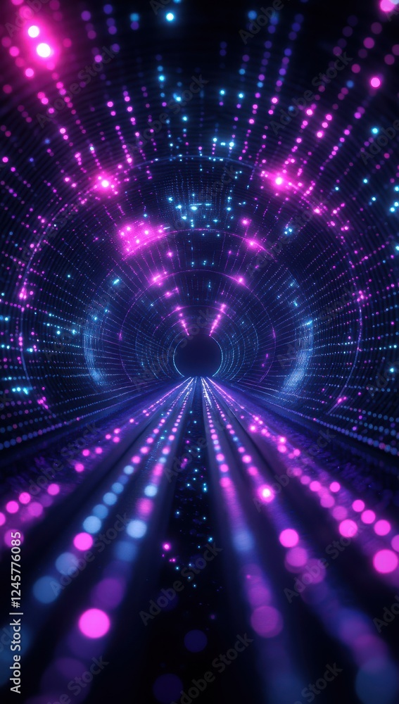 Poster vibrant digital tunnel of light with blue and pink particles creating a futuristic and abstract visu