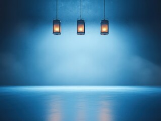 serene blue ambient light studio with five identical lanterns hanging