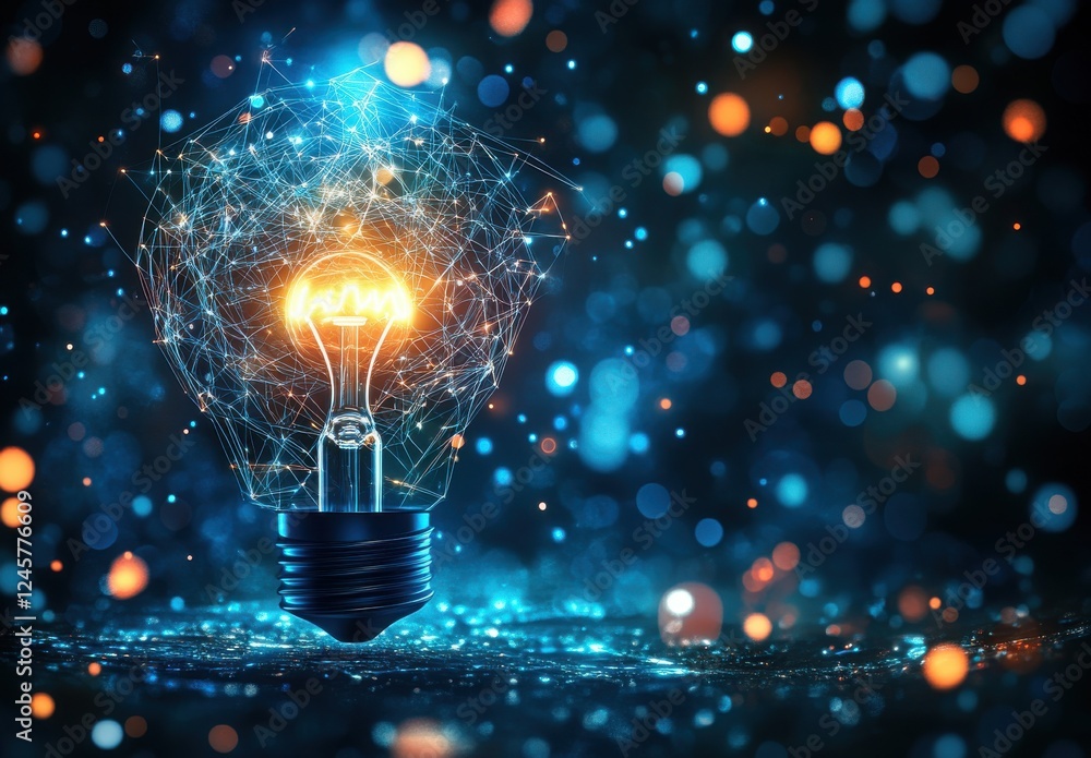 Aufkleber vibrant light bulb surrounded by colorful bokeh and digital connections representing innovation and 