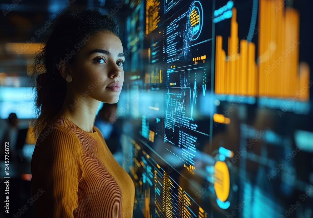 Aufkleber woman analyzing data visualizations on digital screen in modern office environment with bright graph