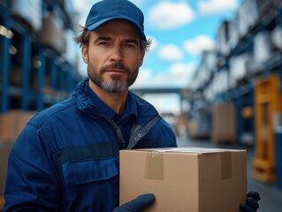 Logistics Delivery Staff Young Man in Blue Uniform with Cardboard Box Against Blue Sky